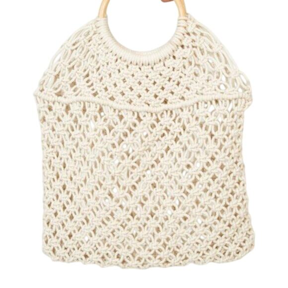 Urban Expressions Ivory Knit Handbag w/ Brown Wooden Double Handles, NWT - Picture 1 of 6